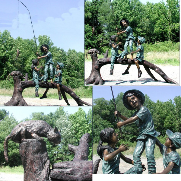Three Kids Fishing On Tree Branch Bronze Sculpture
